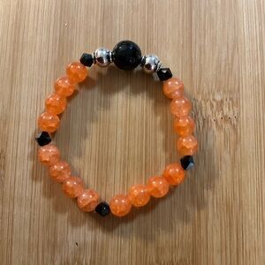 Hand Crafted Bracelet Beaded Stretch Orange Black Silver Stainless Steel